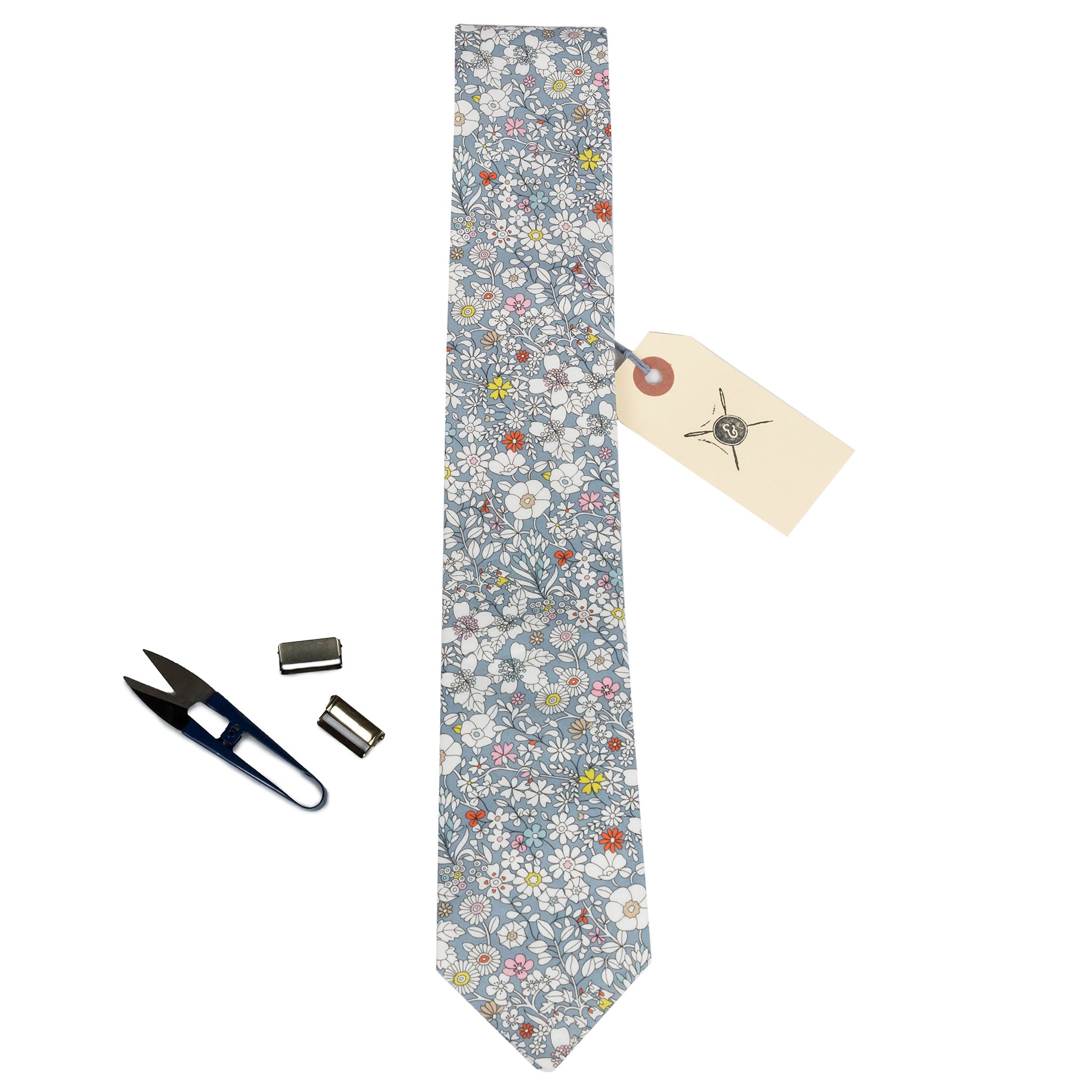 Grey liberty fabric floral necktie made in Canada by Cursor & Thread