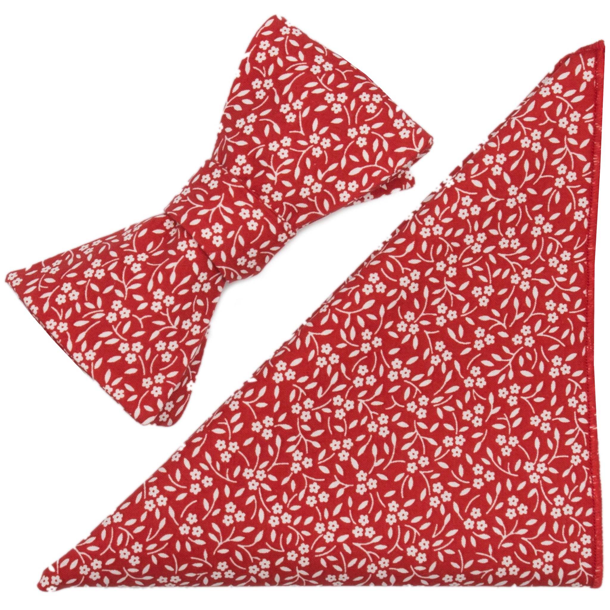 Charmed Red and White Floral Cotton Bow Tie & Pocket Square Made in Canada 