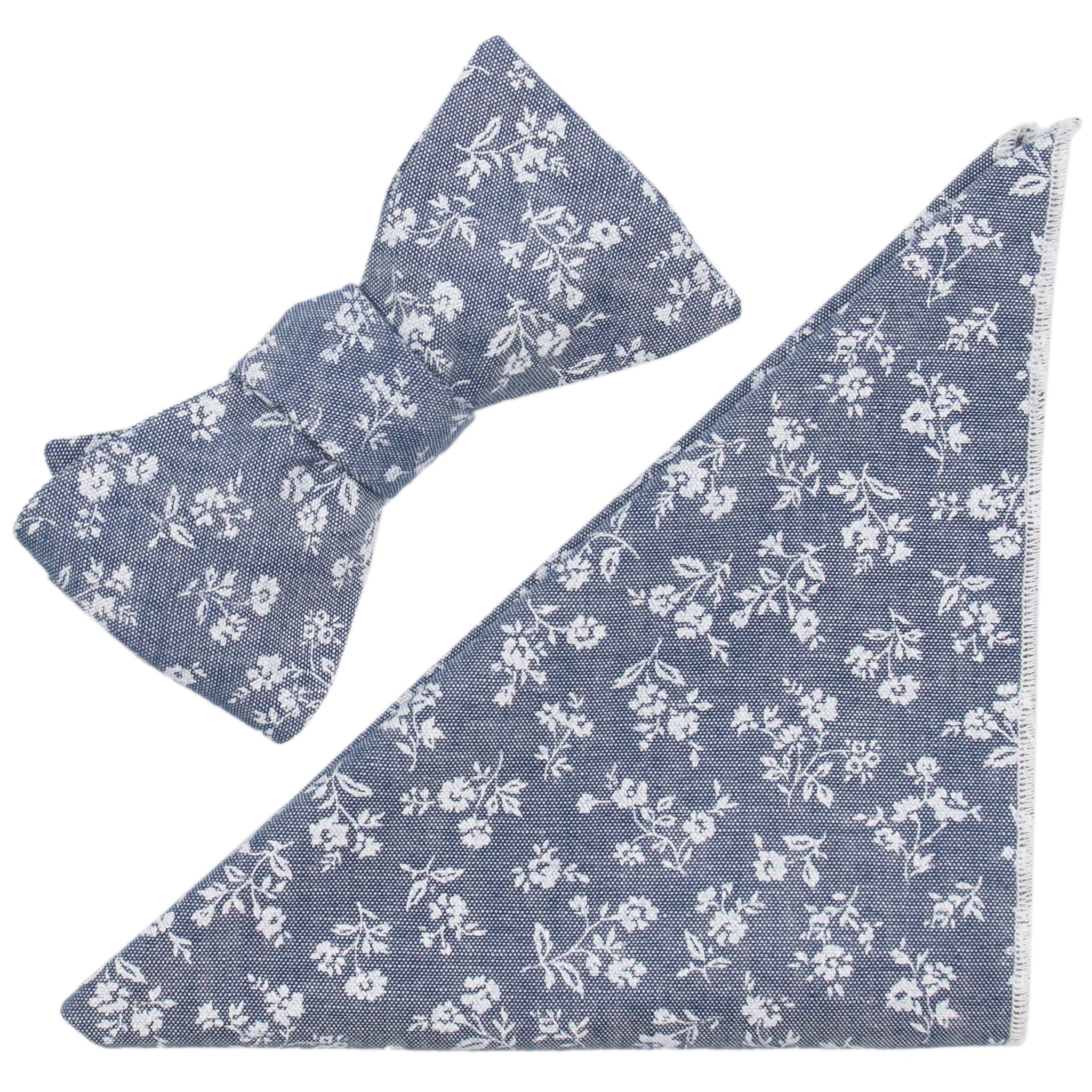 Chintz Floral Print on Grey Cotton Chambray Bow Tie & Pocket Square Made in Canada