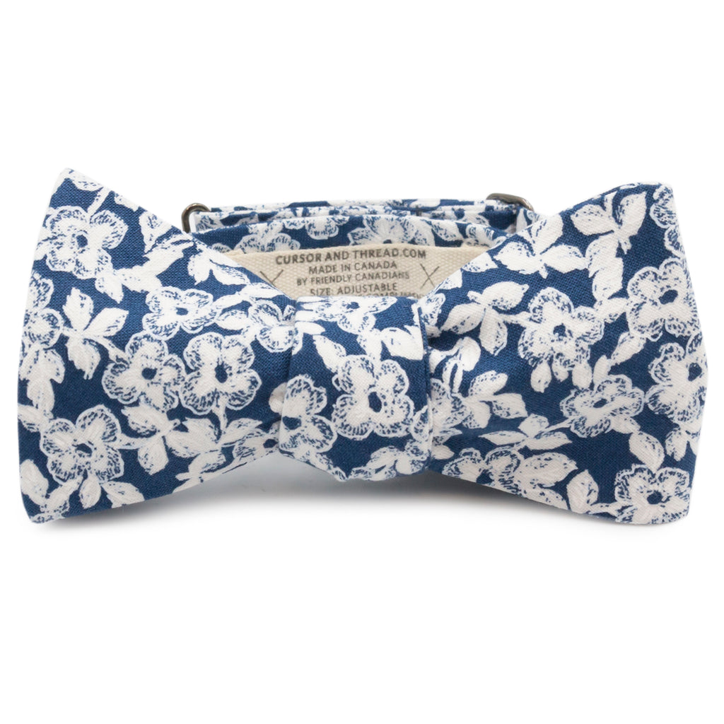 Dogwood Floral White and Blue Cotton Bow Tie Made in Canada by Cursor & Thread