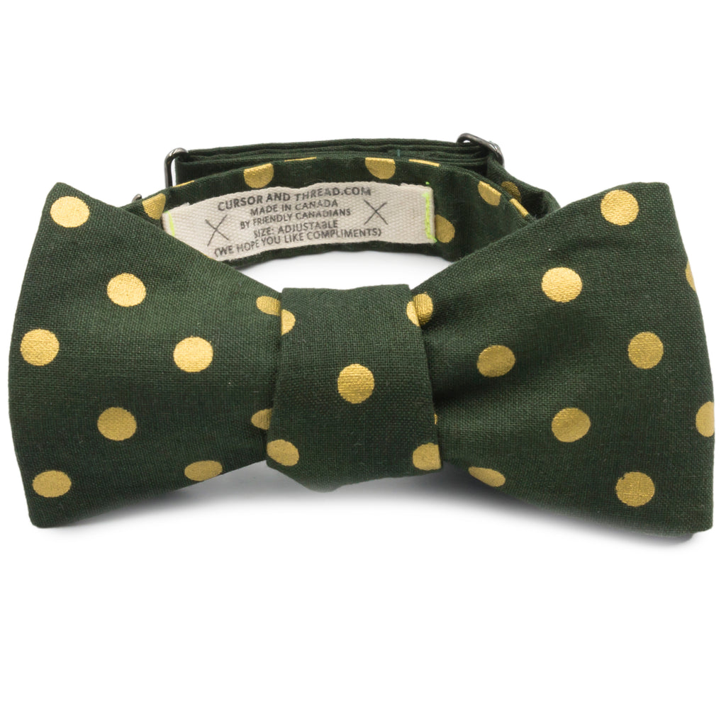 Green & Metallic Gold Polka Dot Cotton Bow Tie Made in Canada
