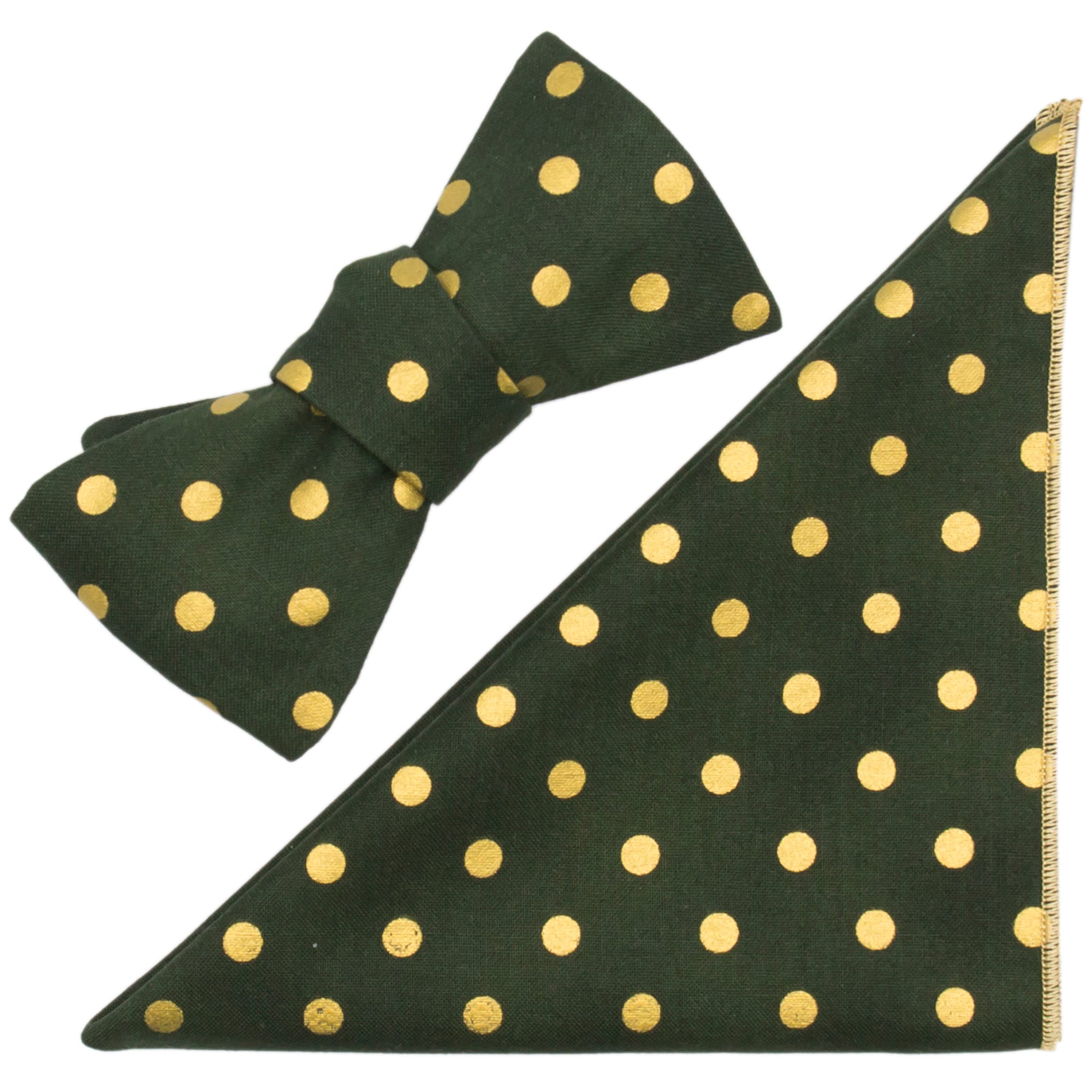Green & Metallic Gold Polka Dot Cotton Bow Tie and Pocket Square Made in Canada