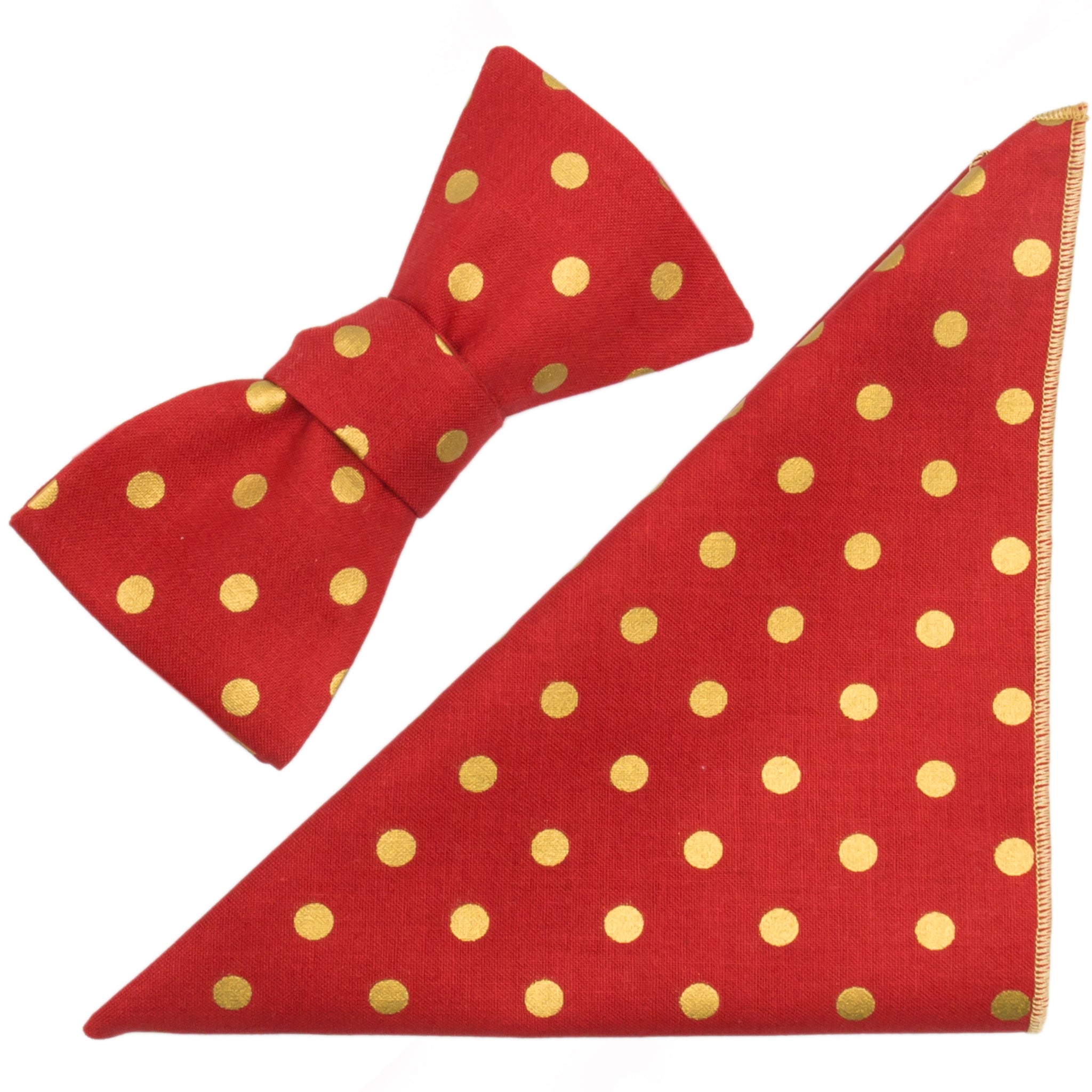 Red & Metallic Gold Polka Dot Cotton Bow Tie and Pocket Square Made in Canada